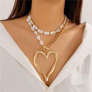 Y2K Chunky Heart Necklace | Big Pearl Choker Layered Set